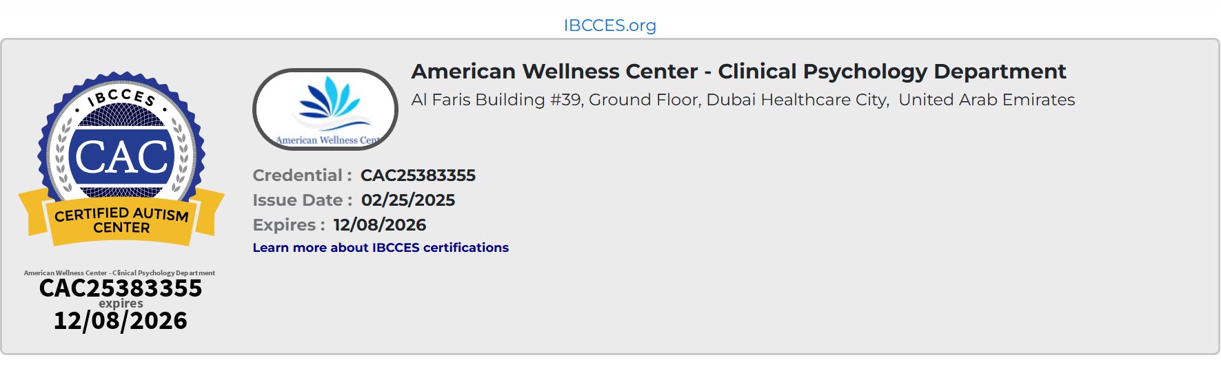 Badge Registration Autism Certified Center 